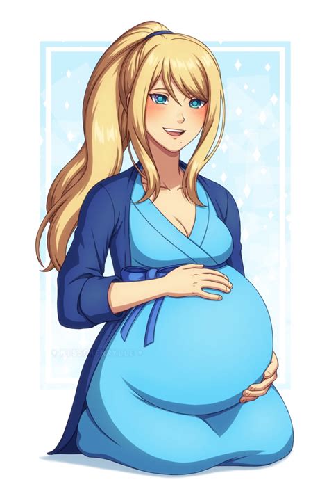 Adricarra Samus Aran Metroid Nintendo Highres 1girl Big Belly Blonde Hair Blue Eyes