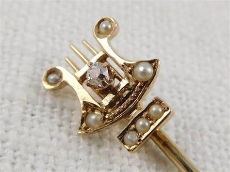 Vintage 14k Gold Seed Pearl And Diamond Lyre Stick Pin Etsy Stick