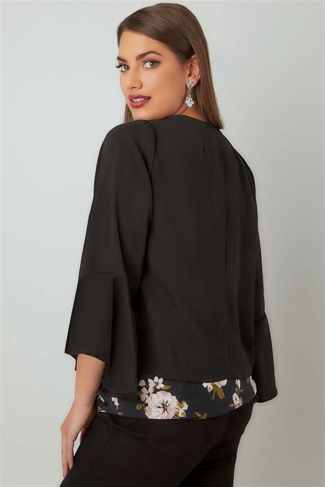 Black Cropped Kimono Jacket With Flute Sleeves Plus Size 16 To 36
