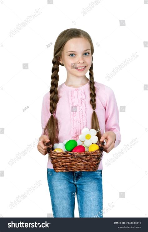 Smiling Little Girl Basket Full Colorful Stock Photo 2144044853