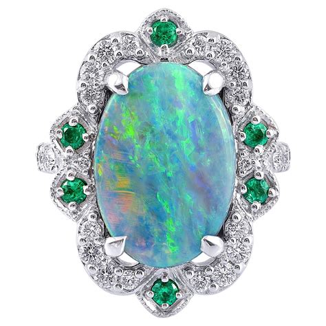 524 Carat Australian Boulder Opal Diamond Emerald 18k White Gold Ring