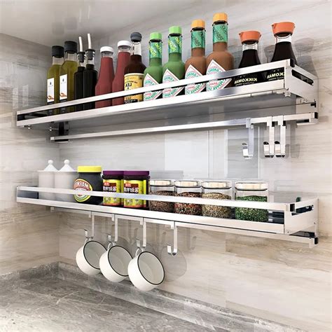 304 Stainless Steel Kitchen Shelf Wall Mounted Drill Free Condiment Rack Space Save Kitchen Wall