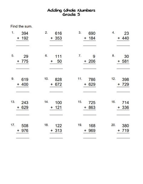adding whole numbers grade 5 worksheet