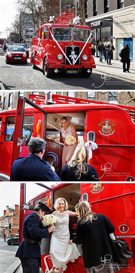 Bride Arrives At Chelsea Register Office By Vintage Fire Engine