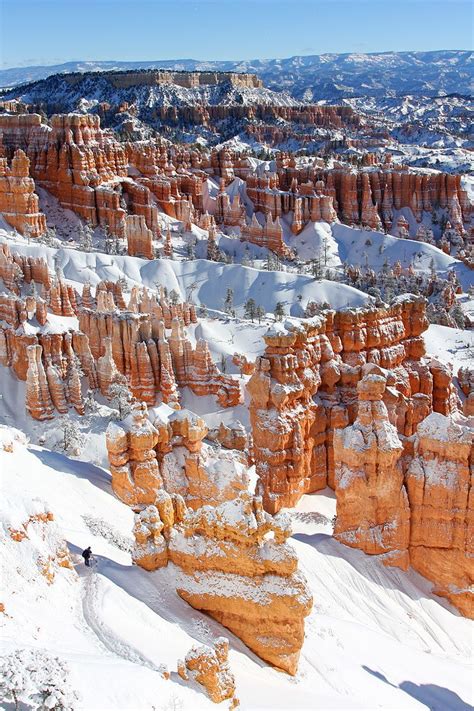 Lone Photographer With Fresh Snow Bryce National Park National Parks