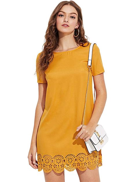 Shein Womens Crew Neck Short Sleeve Hollow Shift Dress At Amazon Womens Clothing Store