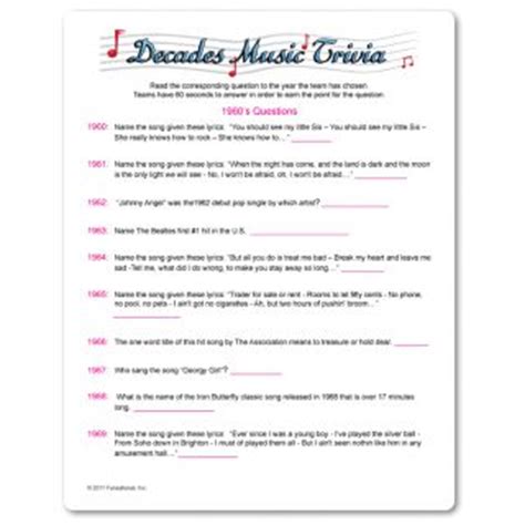 Challenge them to a trivia party! Printable Decades Music Trivia | Centerpieces | Pinterest ...