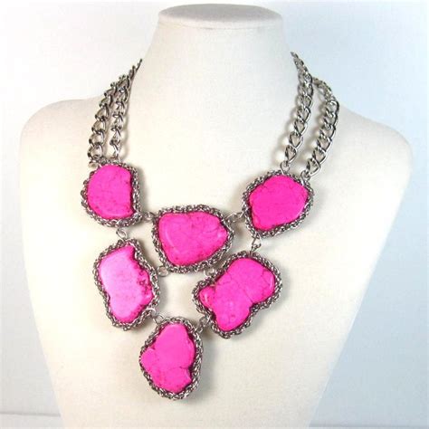Statement Necklace Hot Pink Turquoise Organic Edgy Gunmetal
