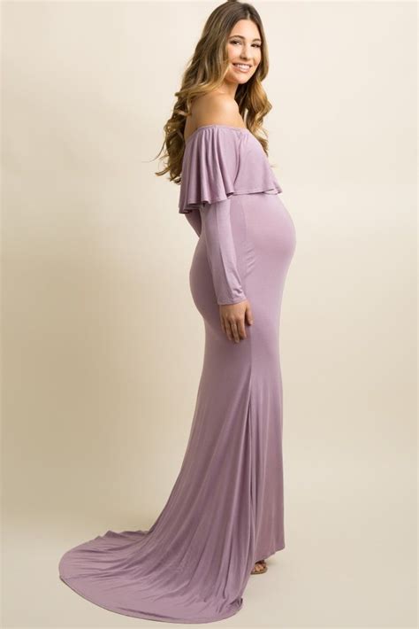 lavender off shoulder ruffle maternity photoshoot gown dress designer maternity clothes