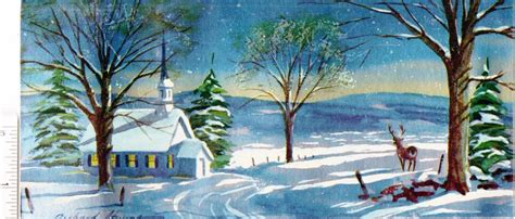Vintage Mid Century Xmas Card Country Church Snow Scene