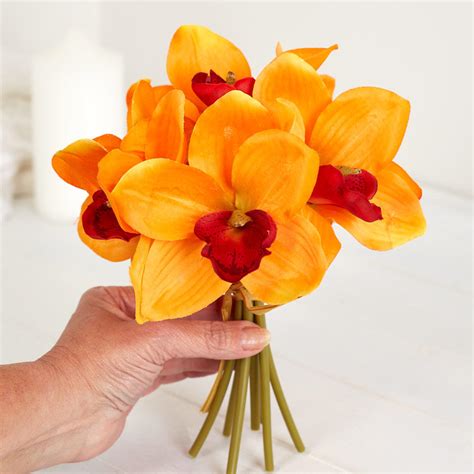 Florescent Orange Artificial Cymbidium Orchid Bundle Bushes Bouquets Floral Supplies