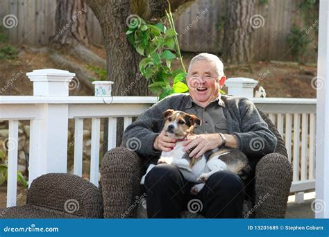 Happy Elderly Man With Dog Stock Image Image Of Gray 13201689
