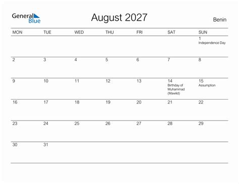 Printable August 2027 Monthly Calendar With Holidays For Benin