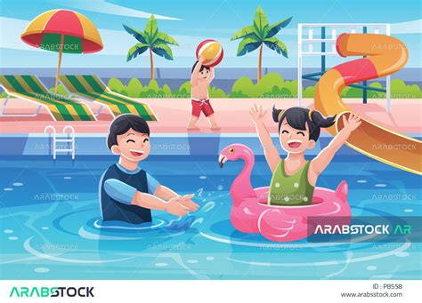 فيكتور كرتوني لشخصيات ، مجموعة اطفال في حوض السباحة ، هواية السباحة و الغوص ، انشطة ترفيهية
