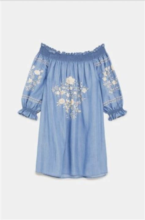Zara Off The Shoulder Floral Embroidered Blue Denim Dress Blue Denim