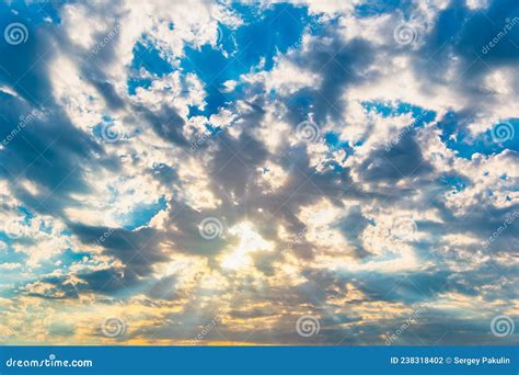 Dramatic Sky With Feather Clouds Sun S Rays Shine Through Clouds Stock