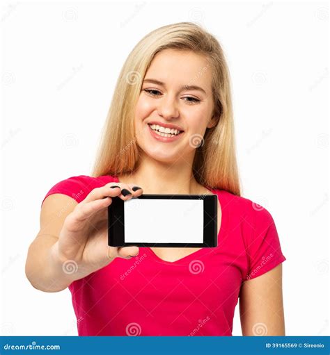Woman Showing Smart Phone Over White Background Stock Image Image Of