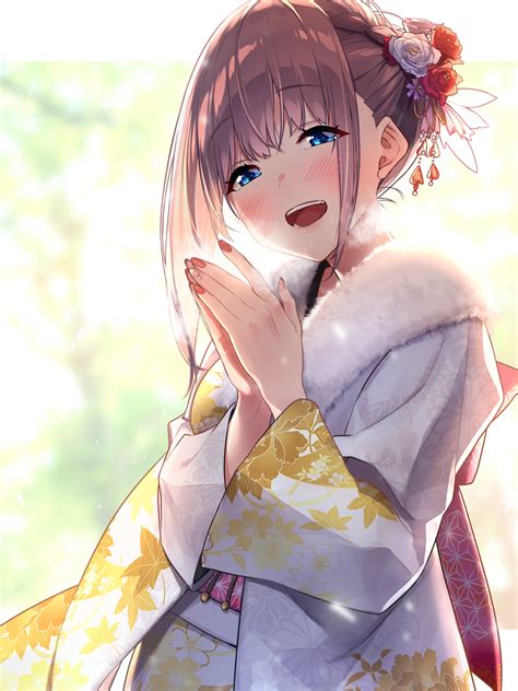 Download 2400x3200 Kimono Brown Hair Anime Girl Smiling Happy Face Wallpapers Wallpapermaiden