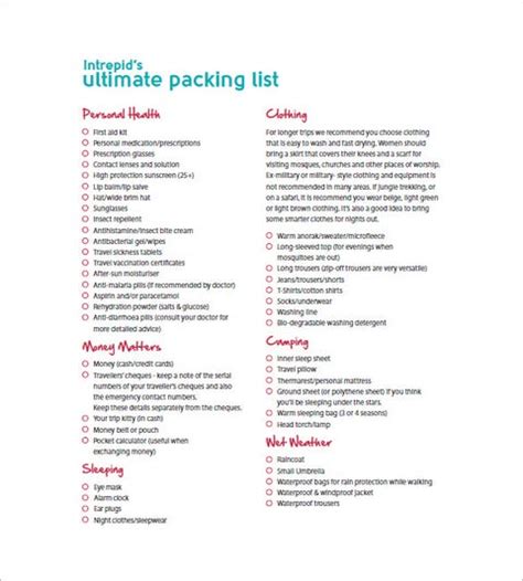 packing list template   sample  format