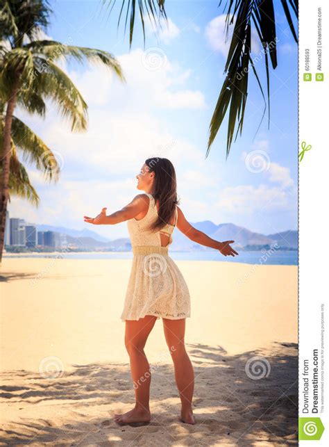 Slim Girl In White Backside View Poses With Hands Aside Stock Image Image Of City Holiday