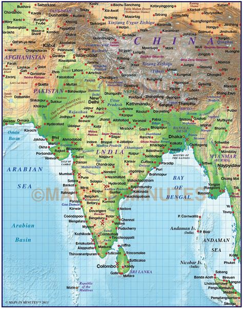 India Regular Colour Political And Relief Map 20m Scale With High And Low