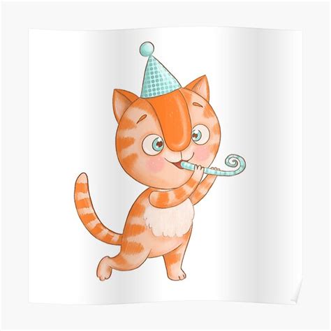 A Cheerful And Cute Ginger Tabby Cat In A Birthday Hat Poster By