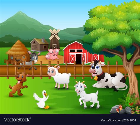 Farm Scenes With Different Animals In Farmyard Vector Image