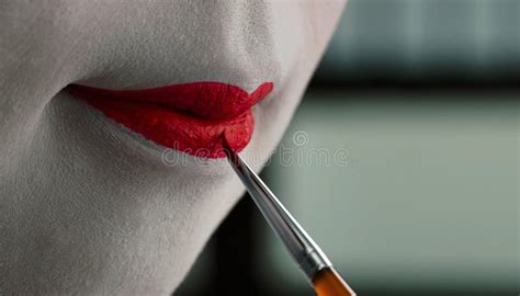Close Up View Of Beautiful Woman Lips With Red Matt Lipstick Stock