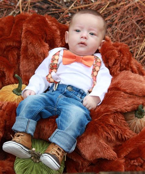 Baby Boy Thanksgiving Outfit Argyle Suspenders Orange Tan Bow Tie Boy