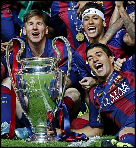 L R Lionel Messi Neymar Luis Suarez Of Fc Barcelona With The Cup During The Uefa Champions