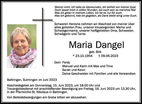 Traueranzeigen Von Maria Dangel Schwaebische De Trauerportal