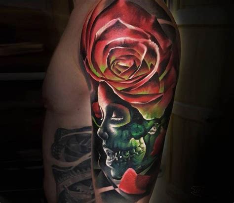 Skull Face With Rose Tattoo By Marek Hali Post 20917 Rose Tattoo