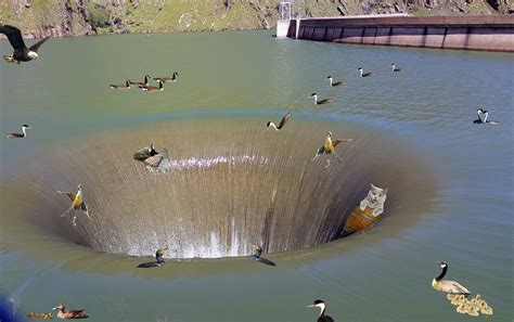Water flows into the iconic glory hole spillway at monticello dam on monday, feb. Bird Goes Over the Glory Hole Waterfall Without A Barrel ...