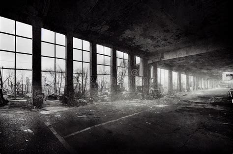 Empty Abandoned Workshop Of Destroyed Industrial Buildings And