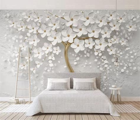 3d Embossed White Flowers Tree Wallpaper Wall Mural Creative Unique