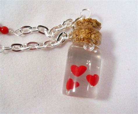 Bottle Hearts Valentine Necklace Polymer Clay Pearl And Coral