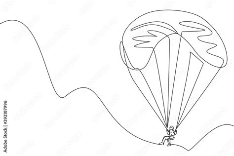 One Single Line Drawing Of Young Sporty Man Flying With Paragliding