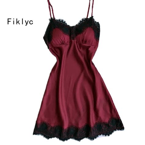 Fiklyc Brand Summer New Arrival Lace Satin Womens Nightgowns V Neck Sleepwear With Bra Pad