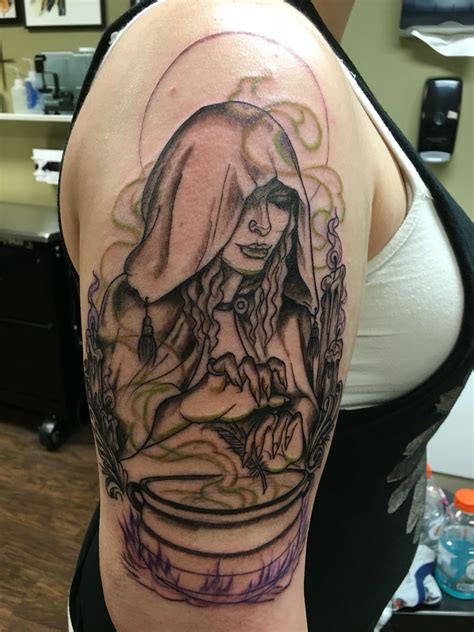 First Session Of My Witchy Tattoo Next Session Is Shading And Adding Some Bright Colors Witch