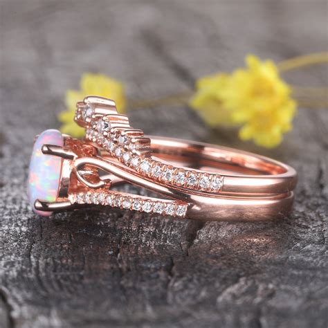 Opal Engagement Ring Set Rose Gold Vintage Opal Ringsantique Etsy