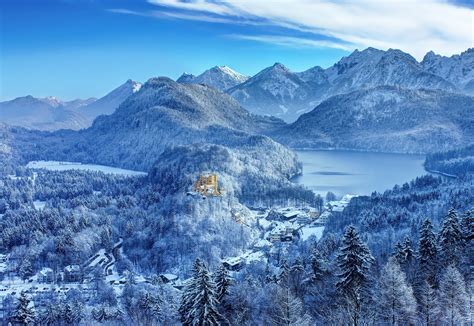 Nature Landscape Mountain Trees Forest Germany Winter Snow Castle House Lake Clouds