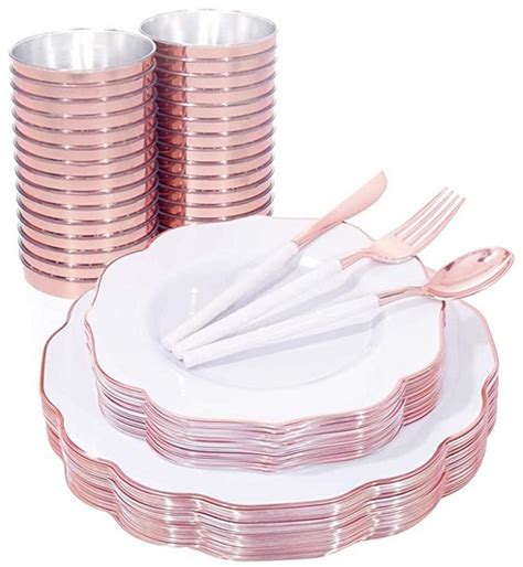 Bucla 30guest White And Rose Gold Plastic Plates With Rose Gold Plastic