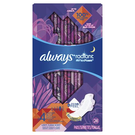 Always Radiant Size 4 Overnight Sanitary Pads With Wings Scented 28