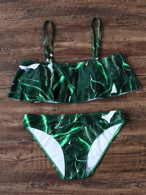 Shop Green Leaf Print Ruffle Detail Bikini Set Online Shein Offers