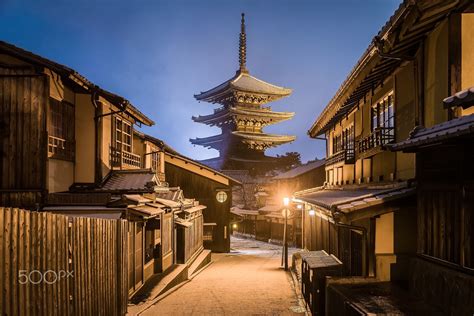 Kyoto City In Snow Day Japanese Pagoda And Old House In Kyoto At