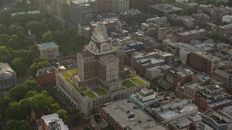 5k Aerial Video Orbiting The United States Customs House At Sunset In