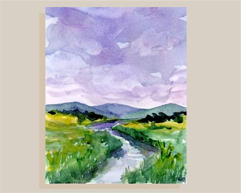 Watercolor River Landscape Painting Print Dreamscape Etsy