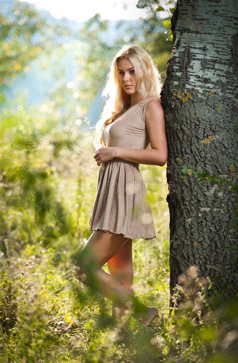 Sensual Blonde Female On Field In Short Dress Stock Image Image Of