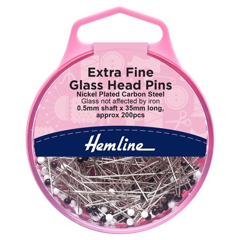 Hemline Pins Glass Head Nickel 35mm Extra Fine 200 Pieces Pins