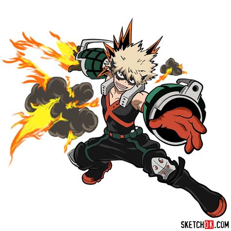 How To Draw Katsuki Bakugo In Action Pose Sketchok Easy Drawing Guides